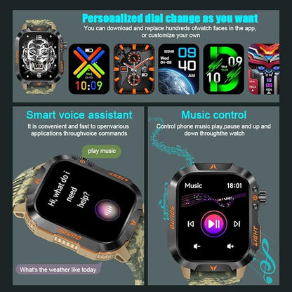 QTLLBT Military Outdoor Watch Altimeter Barometer Compass Tactical Smart Fitness Watch Heart Rate Sleep Monitor 100+ Sport Modes Fitness Available for Android and iOS (Camouflage Yellow)