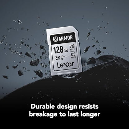 Lexar 128GB Armor Silver PRO SDXC Memory Card, UHS-II, C10, U3, V60, 6K UHD, Up to 280MB/s Read, Stainless Steel, for Professional Photographer, Videographer, Enthusiast (LSDAMSP128G-RNNNU)