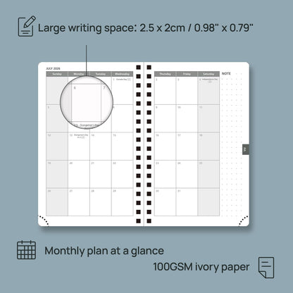 POPRUN 2026 Planner Weekly Notebook (Jan-Dec), Small Size 4''x 6.25'' - 2026 Pocket Calendar for Purse with Spiral Soft Cover, Plastic Ruler, Inner Pocket, 100 GSM - Brown