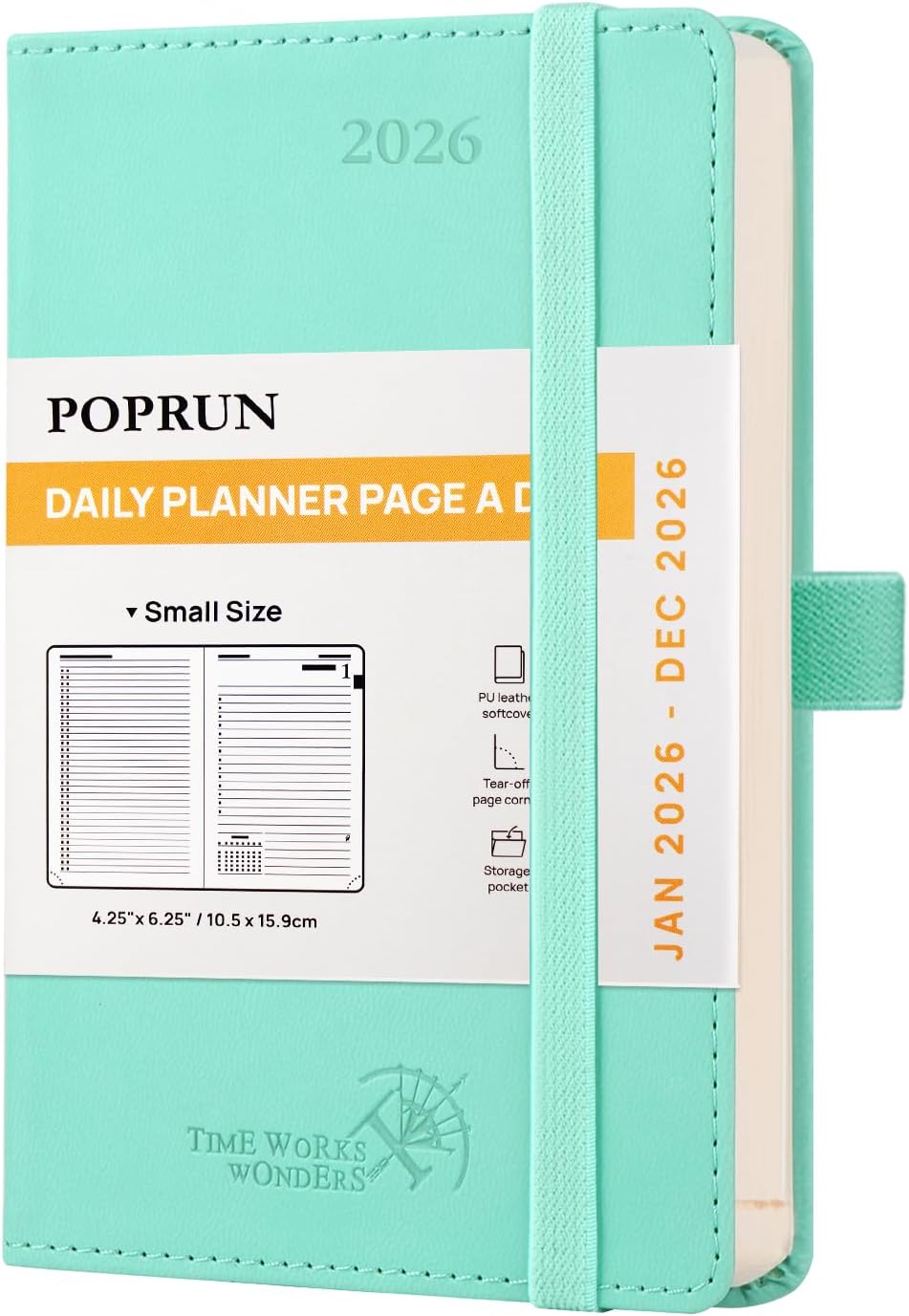 POPRUN Daily Planner 2026 (Jan - Dec), (Purse Size-4.25" x 6.25") 2026 Daily Calendar with One Page Per Day Even Weekends, Hourly Appointment Book with Pocket, PU Leather Softcover - Green