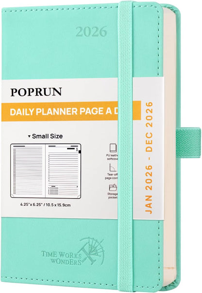 POPRUN Daily Planner 2026 (Jan - Dec), (Purse Size-4.25" x 6.25") 2026 Daily Calendar with One Page Per Day Even Weekends, Hourly Appointment Book with Pocket, PU Leather Softcover - Green