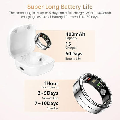 Fit Ring, Smart Health Rings for Women Men with Heart Rate,Blood Oxygen,HRV,Stress Level, Sleep Monitor, Step Tracker, No Subscription Fee, IP68 Waterproof Smart Ring for iphone &Android (Silver, 12#)