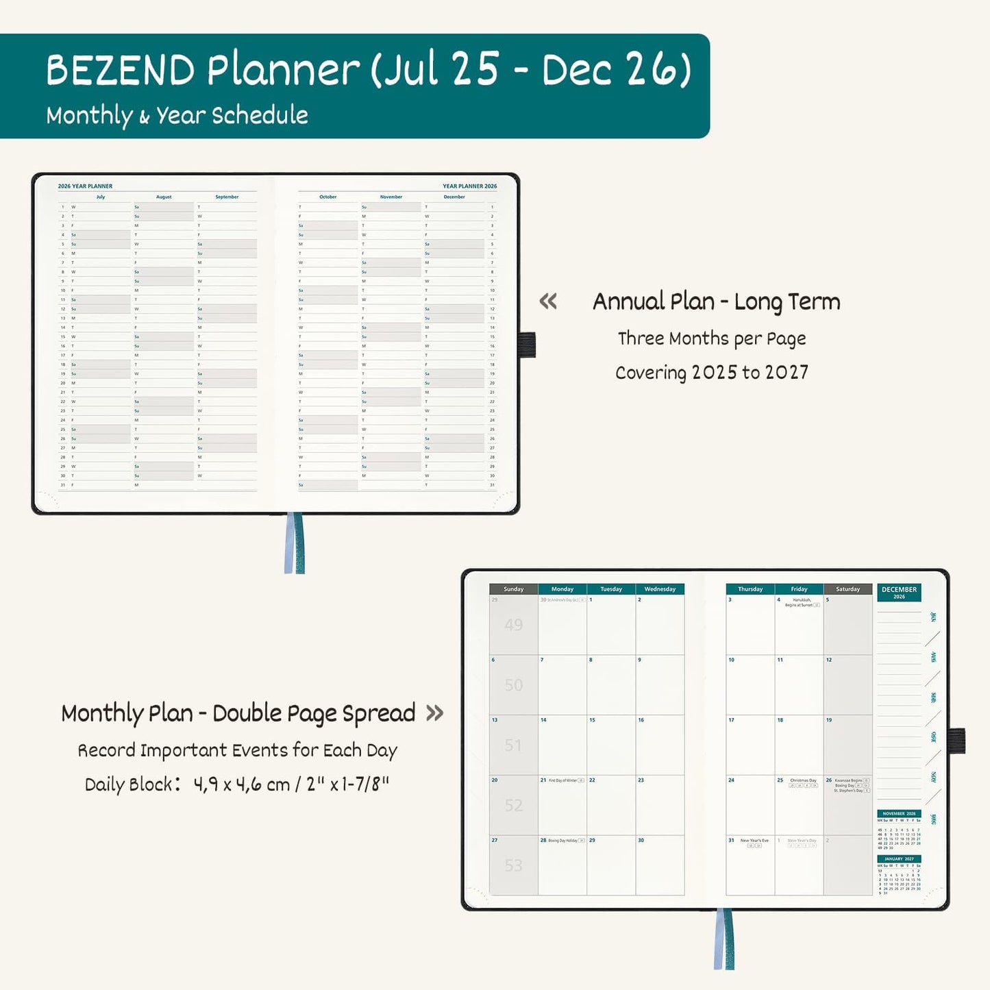 BEZEND Weekly Planner 2025-2026 with 2 Columns, 8.5" x 11" Academic Calendar 18 Months (Jul 25-Dec 26) Life Work Appointment Book with Monthly Tab, PU Leather Hardcover - Prussian Blue