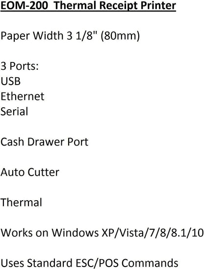 Thermal Receipt Printer - USB, Ethernet/LAN, & Serial Ports - Auto Cutter - Beeper/Buzzer- Cash Drawer Port - Paper Width 3 1/8" (80mm) - for Windows - NOT for Square