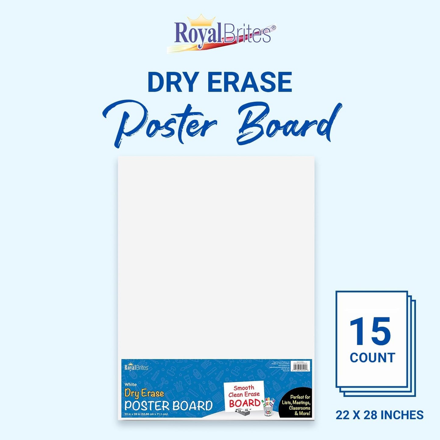 Royal Brites Dry Erase White Poster Board 22x28”, Lightweight & Ideal for Classrooms, Offices, Arts & Crafts, 2-Sided Premium 22x28 Poster Board White, Pack of 15