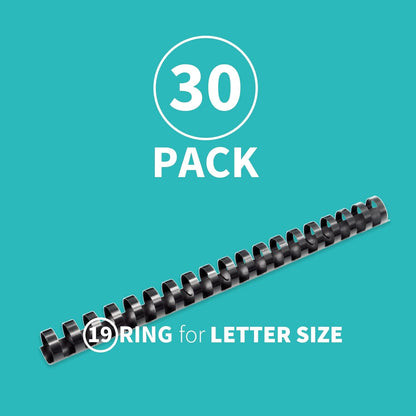 Binditek 30 Pack Plastic Binding Comb Spines, 3/4 Inch Diameter, 150 Sheet Capacity, 19 Ring, for Letter Size, Black, for Students and Coworkers
