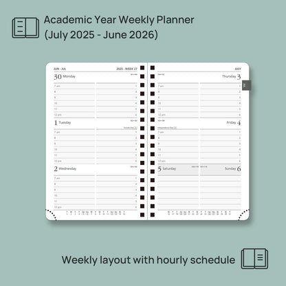 POPRUN Pocket Planner 2025-2026 (Purse Size 4'' x 6.25'') Academic Purse Calendar (July 2025 - June 2026) with Hourly Time Slots, 100GSM Thick Papers, Spiral Leather Cover - Blue Green