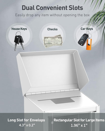 Uniclife Key Drop Box for Outside, Metal Donation Boxes White Collection Box with Combination Lock, Safe Suggestion Boxes, Wall Mounted Mailbox with Top Slot, Steel Cash Drop Boxes