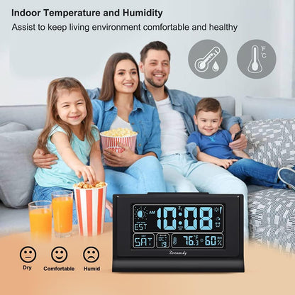 DreamSky Alarm Clocks for Bedrooms with Battery Backup, Auto Set Digital Clock with Date and Day of Week, Indoor Temperature Humidity, Moon Phase, Dimmer, Auto DST, USB Port