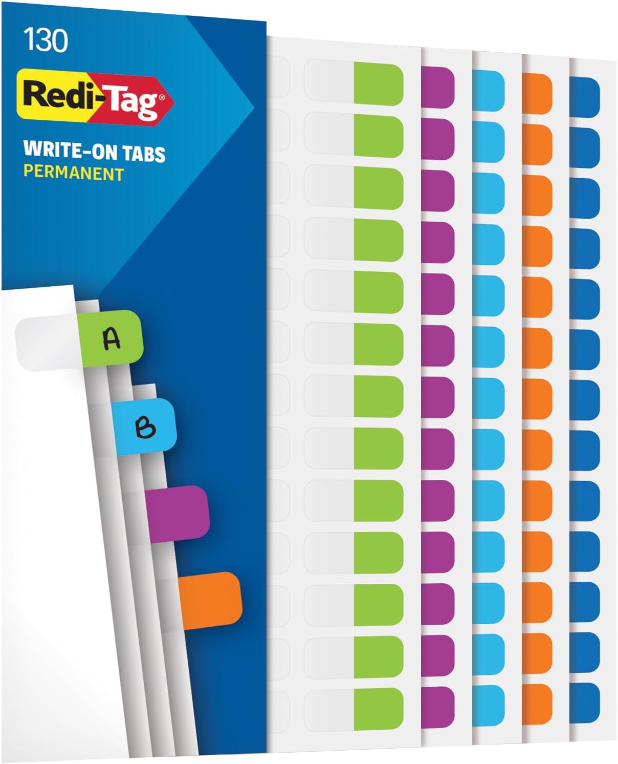 Redi-Tag Write-On Tabs, Permanent Adhesive Index Tabs, Tropical Colors: Purple, Green, Blue, Dark Blue, Orange, 1" x 7/16", 130 Pack (1009304)