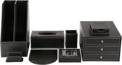 KINGFOM 8 PCS/SET Desk Organizers, Pu Leather Office & Home Desktop Decor Supplies Storage Box, Including Files Organizer Drawer, Memo Paper Holder, Tissue Holder and Mouse Pad etc (T03-Black)