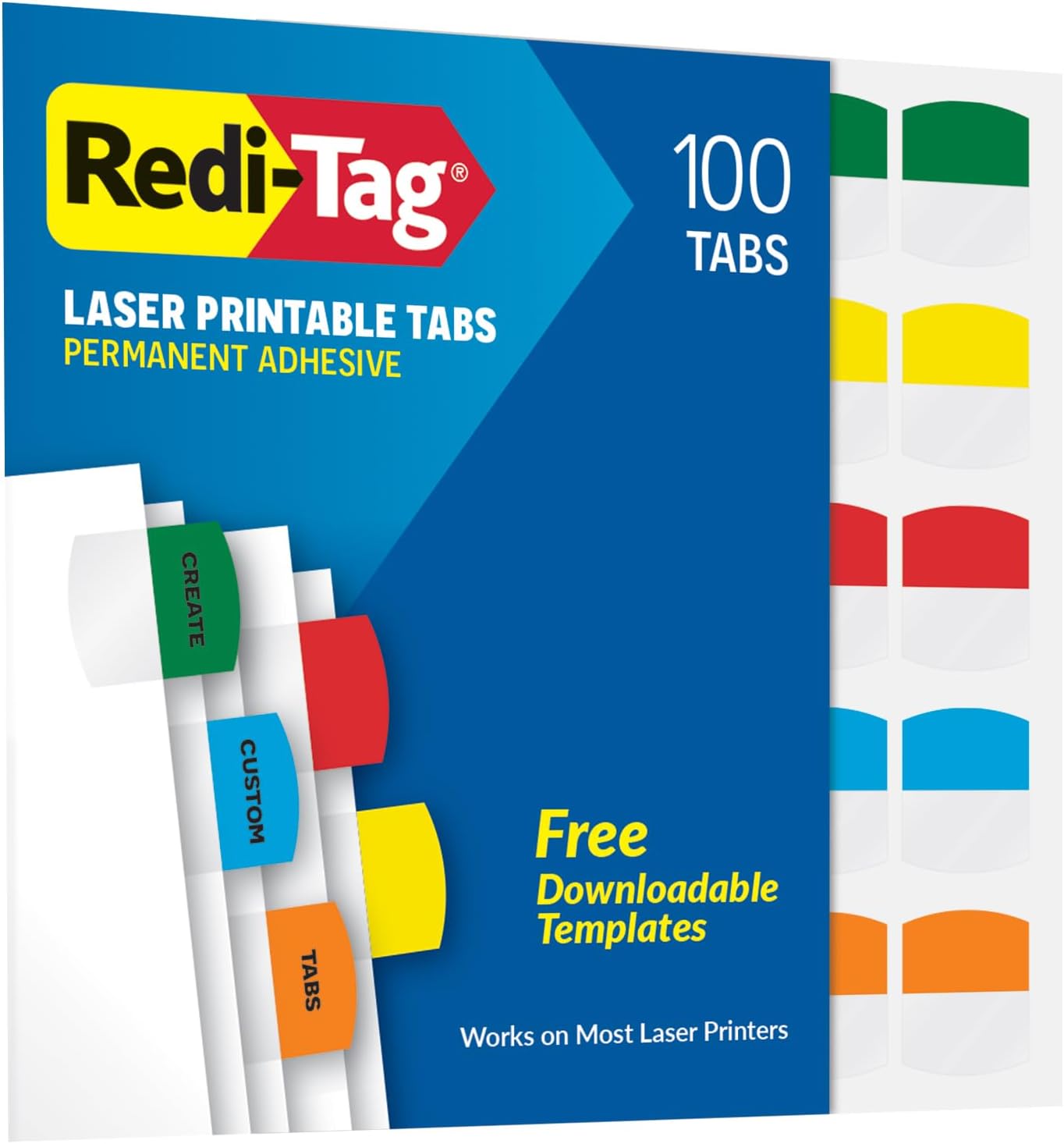 Redi-Tag Laser Printable Tabs, Permanent Index Tabs, Customizable Adhesive Labels, Assorted Primary Colors, 1.125" x 1.25", 100 Per Pack (1006555)