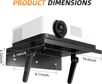 No Drilling Metal Projector Mount, Adjustable Angle Projector Mount Shelf for Sofa and Bedside, Foldable for Storage,Perforated Design for Heat Dissipation,Projector Wall Mount for Living Room