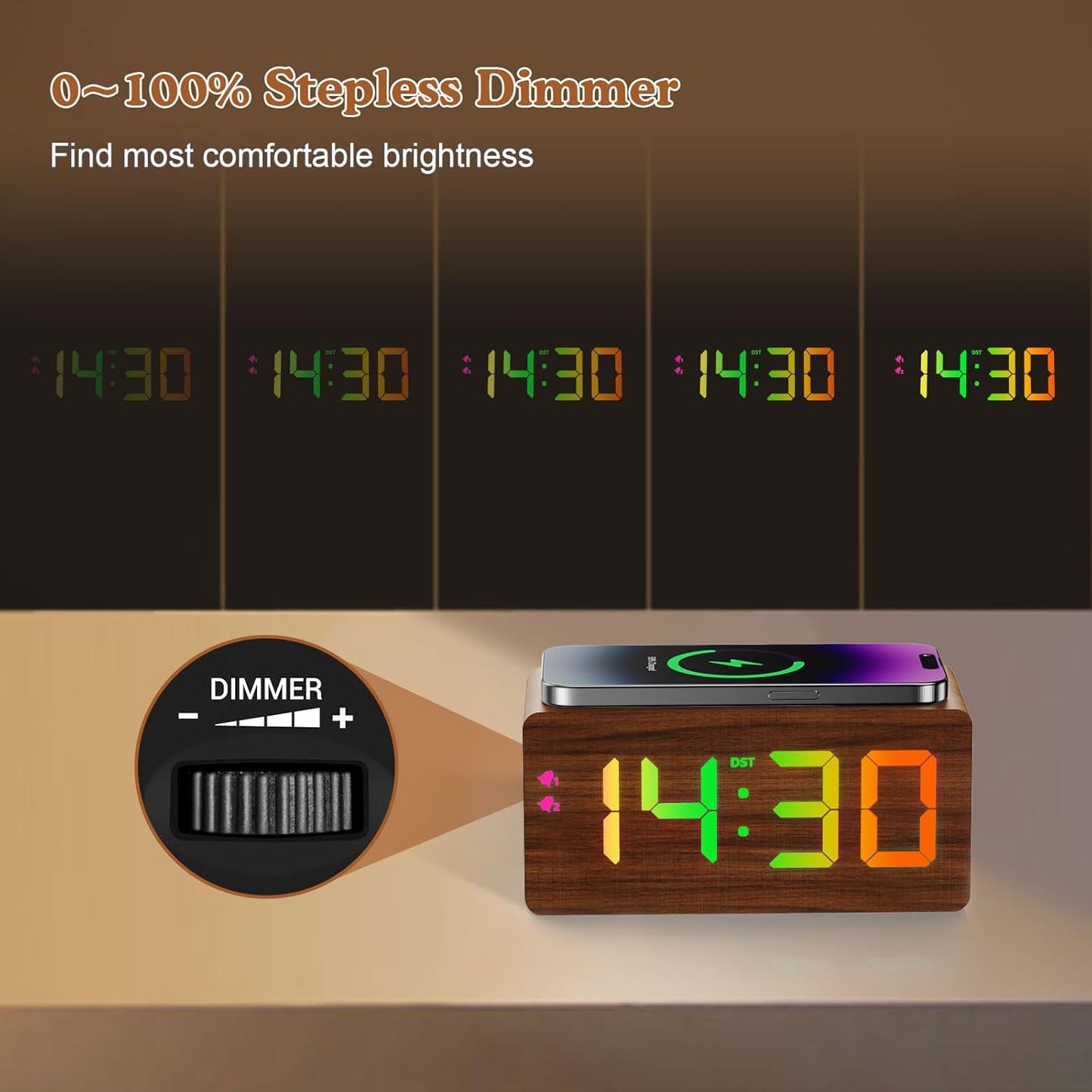 Wooden Digital Alarm Clock with Fast Wireless Charger, Dual USB Charging Ports, DST, Dimmable, Snooze, RGB Large Number Display LED Clock for Bedrooms, Living Room, Desk, Table, Bedside(Brown)