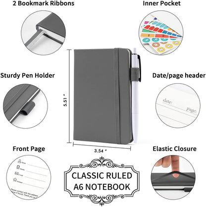 feela 15 Pack Pocket Small Notebooks Bulk, Mini Cute Notepads Hardcover College Ruled Lined Journals with Pen Holder for School Business Memos, with 15 Black Pens, 3.5”x 5.5”, A6, Gray