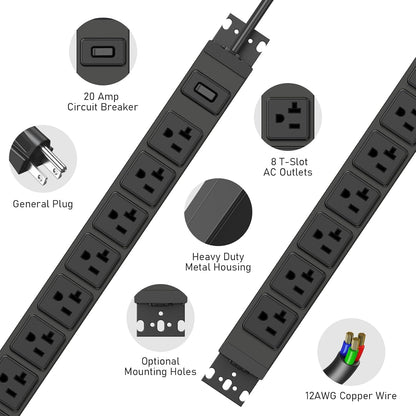 JUNNUJ Heavy Duty Power Strip Wall Mount, 20 Amp Surge Protector 1200J Metal 8 Outlet Under Desk Mounted 20A, Garage Power Table Socket Industrial Outlets 6-20R T-Slot, Black-10FT 12AWG Extension Cord