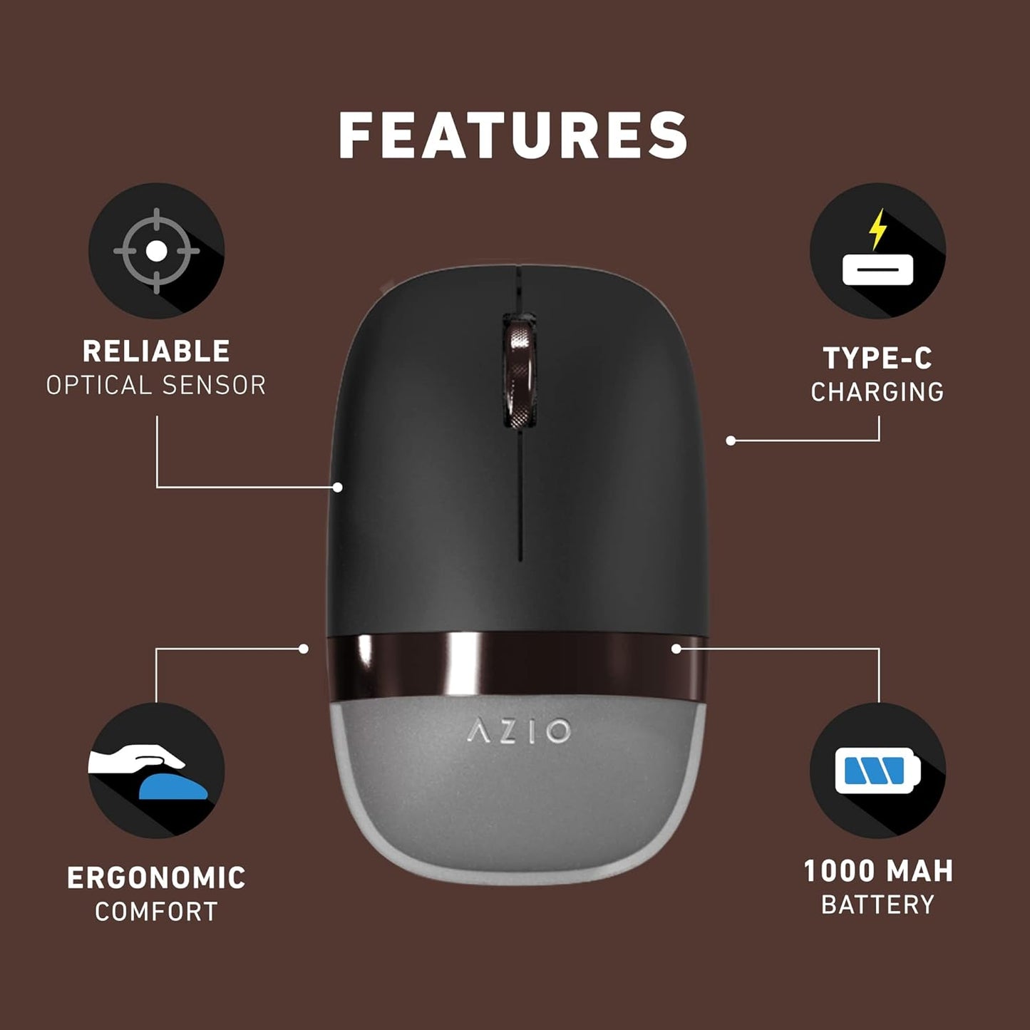 Azio IZO Wireless Optical Mouse - Bluetooth 3.0 & 5.0/2.4G RF-USB, Ambidextrous Design, PixArt PAW3212 Sensor, 1000/1600/2400 DPI, Rechargeable, PC & Mac