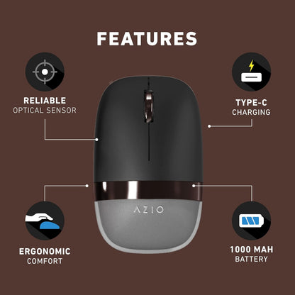 Azio IZO Wireless Optical Mouse - Bluetooth 3.0 & 5.0/2.4G RF-USB, Ambidextrous Design, PixArt PAW3212 Sensor, 1000/1600/2400 DPI, Rechargeable, PC & Mac