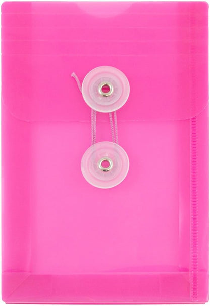 JAM PAPER Plastic Envelopes with Button & String Tie Closure - 4 1/4 x 6 1/4 - Fuchsia Pink - 12/Pack