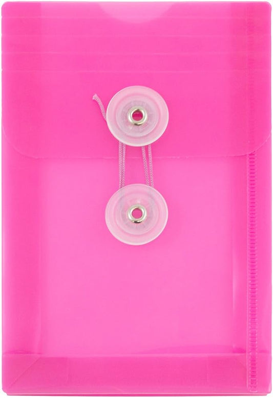 JAM PAPER Plastic Envelopes with Button & String Tie Closure - 4 1/4 x 6 1/4 - Fuchsia Pink - 12/Pack