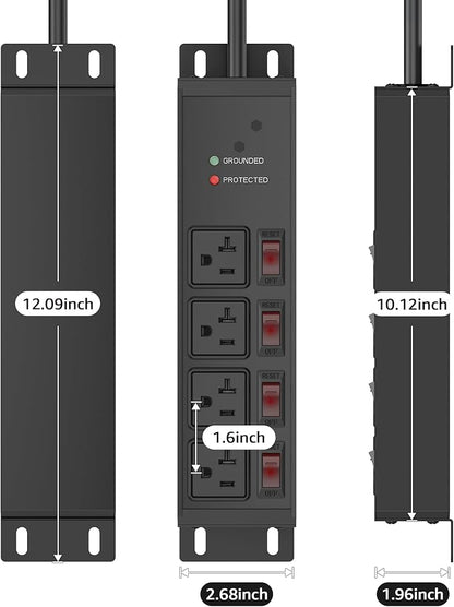 CCCEI Heavy Duty Surge Protector Power Strip 20 Amp Individual Switches. 15FT 12 Gauge Extension Cord with Multiple Outlets. Kitchen, Garage, Shop, Industrial Wall Mount Electric Extender, Black.