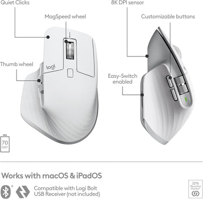 Logitech MX Master 3S for Mac - Wireless Bluetooth Mouse with Ultra-Fast Scrolling, Ergo, 8K DPI, Quiet Clicks, Track on Glass, Customization, USB-C, Apple, iPad - Pale Grey