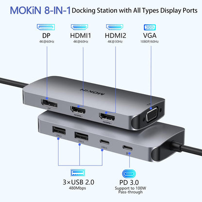 USB C Docking Station Dual HDMI, MOKiN Docking Station 3 Monitors, Displayport, VGA, 100W PD Charging, 2USB A 2.0, USB C 2.0 Ports Multiport Adapter, 8 in 1 USB Hub for Dell, HP, Lenovo Thinkpad