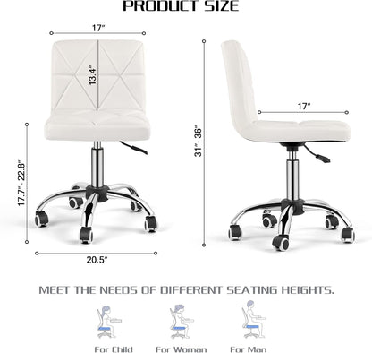 COSVALVE Armless Desk Chair, Mid Back Swivel Office Chair, Adjustable Executive Conference Task Chair with Rolling Wheels and Diamond Pattern, for Home Computer Barber, White