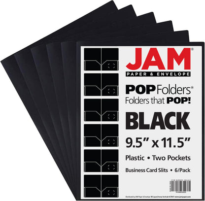 JAM PAPER Plastic 2 Pocket POP Folders - Durable School Folders - Black - 6/Pack
