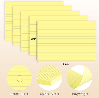 200 Pcs Index Cards 4 x 6 Inch Ruled Yellow Index Cards, College Ruled Flash Cards for School, College, Office and Home Organization, Durable Study To Do List Note Cards with Ruled Lines, 5 Pack of 40