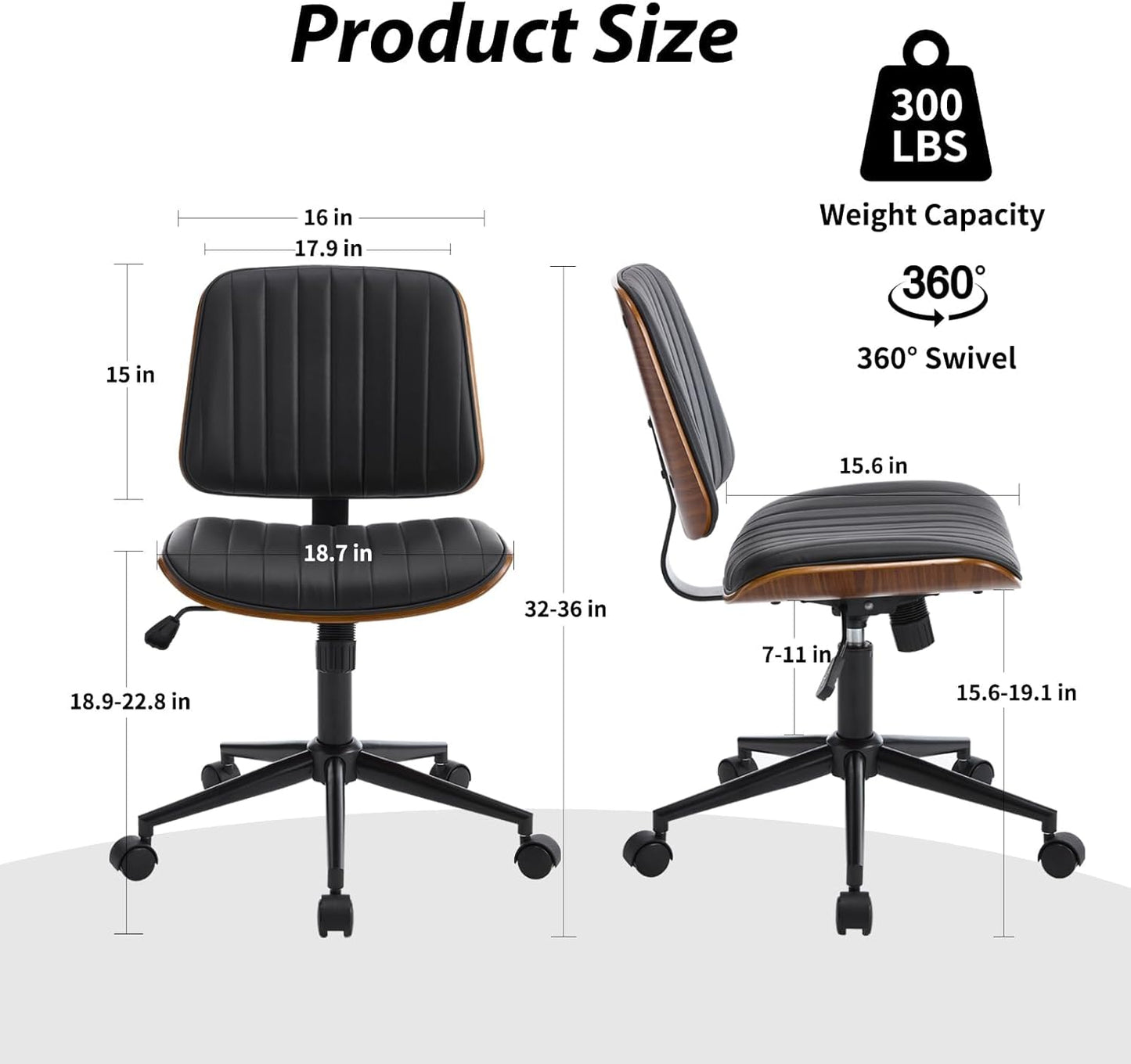 Small Home Office Chair - Armless Mid Back Desk Chair with 360° Swivel and Wheels, PU Upholstered Height Adjustable Modern Walnut Computer Chair for Home, Office Meeting Room - White