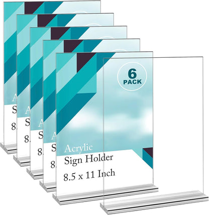 EHWINE 6 Pack Acrylic Sign Holders - 8.5 x 11, Double-Sided Stand Up Table Top Sign Holders, Clear Acrylic Picture Frame Menu Flyer Paper Display Stand for Office Business Store Wedding Party