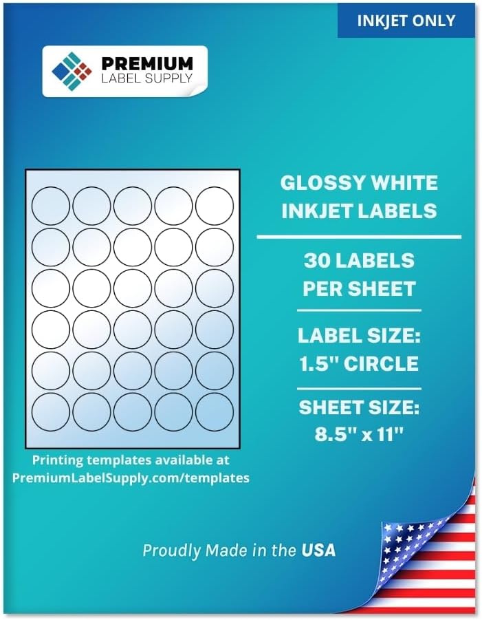 Premium Label Supply Glossy White Sticker Round Labels – 1.5" Circle – (30 per Sheet) (Glossy White for Inkjet Only, 750 Labels)