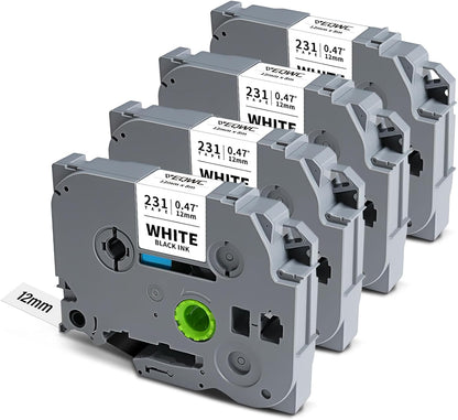 Tze Label Maker Refill Tz-231 Compatible for Brother Ptouch Tze-231 Tze231 12mm 0.47 Laminated White Tape 1/2 Inch Tz Tape for P Touch PT-D210 PT-H110 PT-D220 PT-D400 PT-H111 PT-D410, 4 Pack