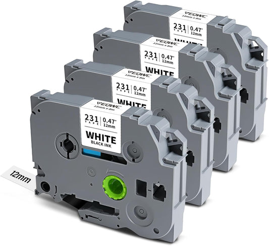 Tze Label Maker Refill Tz-231 Compatible for Brother Ptouch Tze-231 Tze231 12mm 0.47 Laminated White Tape 1/2 Inch Tz Tape for P Touch PT-D210 PT-H110 PT-D220 PT-D400 PT-H111 PT-D410, 4 Pack