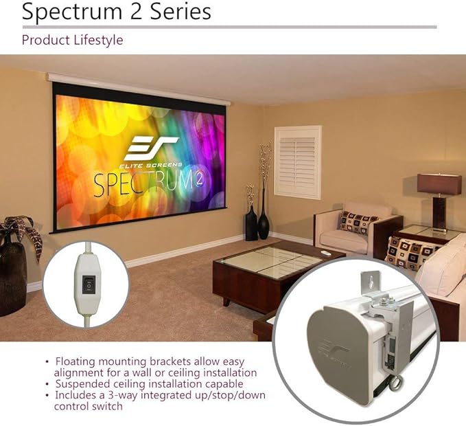 Elite Screens Spectrum2, 110-inch 16:9, 12-inch Drop, Electric Motorized Drop Down Projection Projector Screen, SPM110H-E12, MaxWhite FG / White Housing