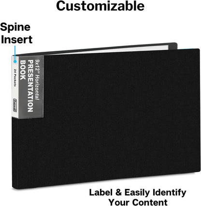 Dunwell Landscape 9x12 Presentation Book, (Black, Horizontal), 24-Pocket Binder with Plastic Sleeves, Displays 48 Pages 9 x 12 or A4 Certificates, Keepsakes, Kids Art, Acid-Free Poly Portfolio Binder