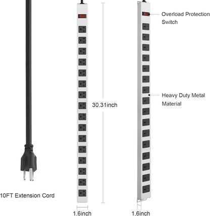 JUNNUJ Metal 16 Outlet Power Strip, Mountable Heavy Duty Power Strip, 1200J Surge Protector Wall Mount Screws Outlet with Switch, Gaming Desk Strips Wide Spaced 15A 125V 1875W, 10 FT 14AWG Power Cord