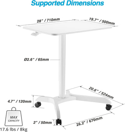 AVLT 48" Ambidextrous Standing Desk, Mobile Adjustable Height Rolling Laptop Desk, Folding Computer Projector Cart with Brake Casters, Portable White Desk for Home Office
