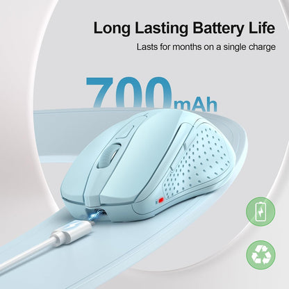 TECKNET Wireless Mouse (BT5.0/3.0 & 2.4G) Rechargeable 4800 DPI Silent USB A & Bluetooth Mouse 6 Buttons, Wide Compatibility - Lightblue