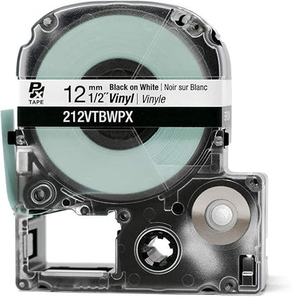 Epson LABELWORKS 212VTBWPX Genuine Tape Cartridge - Black on White Flexible and Durable Vinyl Industrial Label Maker Tape - 1/2" (12MM) Wide, 22.9 ft