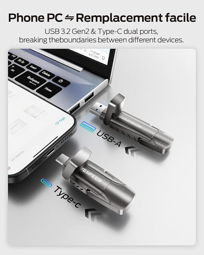MOVE SPEED 512GB Thumb Drive, 1000MB/s Read Write Speed, USB 3.2 Gen2+Type C Dual Interface SSD Drive with Leather Case Memory Stick for iPhone 15, 16, 17 Series/MacBook/Android/Audio etc(1 Pack)