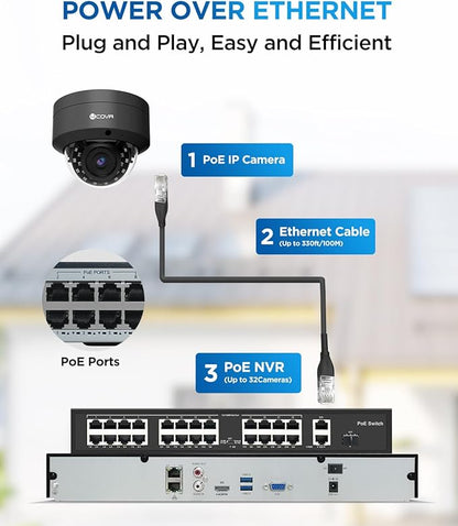 4COVR 4K PoE 32 Channel Security Camera System AI Human Vehicle Detection, 24Pcs 8MP IK10 Vandal-Proof Dome IP Camera IP67 with Mic, 4K UHD NVR 8TB HDD, Commercial Surveillance Outdoor, LY54AB8M3224
