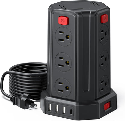 Power Strip Surge Protector, 10 Ft Extension Cord with 12 AC Multiple Outlets 4 USB (1 USB C), SMALLRT Power Tower Desktop Charging Station (Black, 10 FT PD20W)