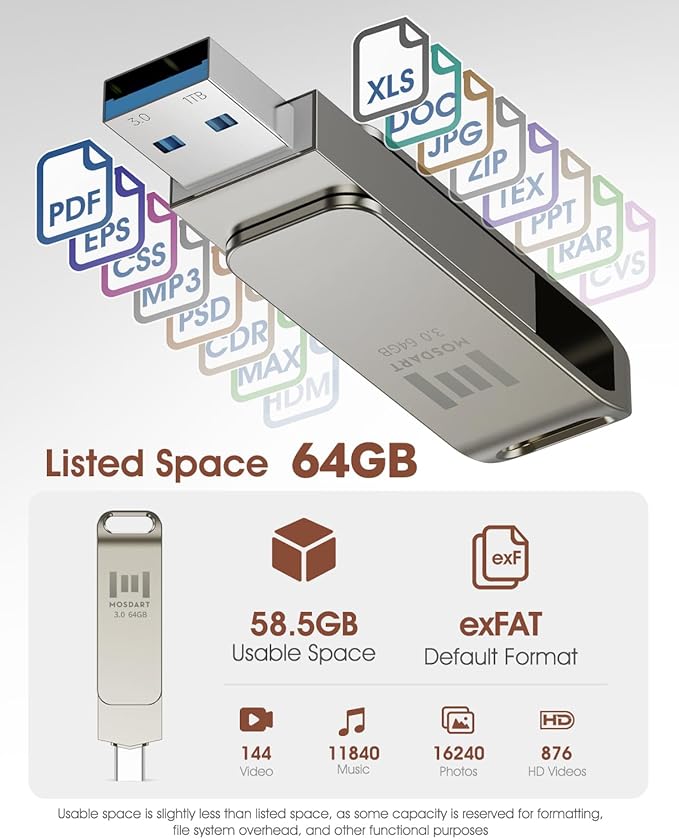 MOSDART 64GB USB3.1 Fast Speed C and A Dual Flash Drive, exFAT Memory Stick with Keychain Loop, for iPhone 15,16,17, Android Phone, iPad, MacBook, Silver