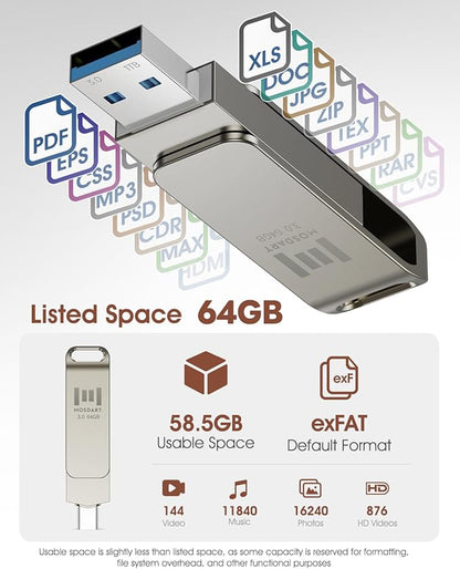 MOSDART 64GB USB3.1 Fast Speed C and A Dual Flash Drive, exFAT Memory Stick with Keychain Loop, for iPhone 15,16,17, Android Phone, iPad, MacBook, Silver