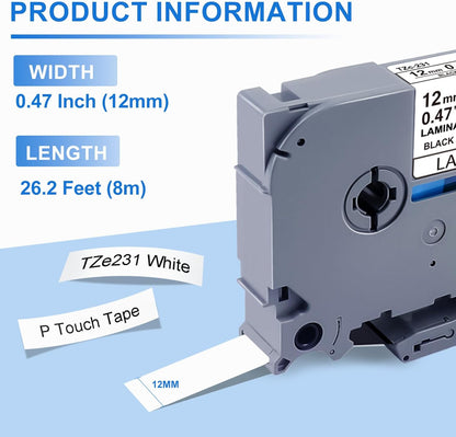 10 Pack Label Maker Tape Replacement for TZe-231 TZe231 Laminated White P Touch Label Tape, 12mm x 8m, Black on White, Compatible with Brother P Touch Label Maker PTD210 PT-H110 PT-D400