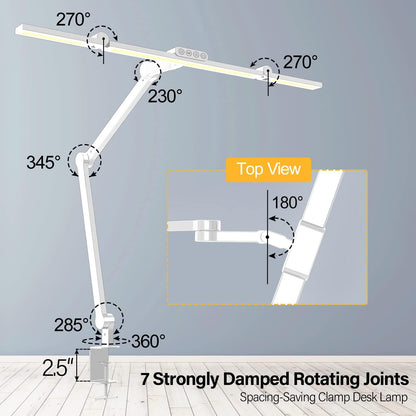 Micomlan Led Desk Lamp for Home Office, White Architect Desk Lamp with Clamp for Crafting, 24W Bright Rotatable Led Table Light Stepless Dimming Tempering Wide Computer Light with Atmosphere Lighting