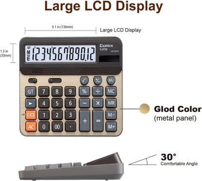 Comix Desktop Calculator, Large Computer Keys, 12 Digits Display, Champaign Gold Color Panel, C-2735, 2-Pack