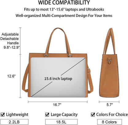 Laptop Bag for Women Waterproof Lightweight Leather 15.6 Inch Computer Tote Bag Business Office Briefcase Large Capacity Handbag Shoulder Bag Professional Office Work Bag Brown